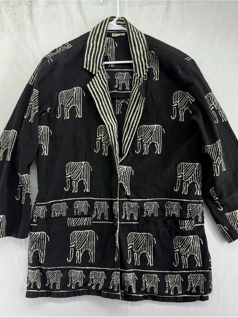 Black w/White Elephants Hand Blocked Blazer/Jacket Size S India Vintage